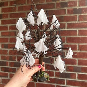 Dollhouse Miniatures ~ Halloween Tree with White Ghosts Hanging on Branches