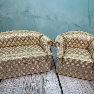 Dollhouse Miniature ~ Vintage Bespaq Gold Living Room Couch & Chair Set