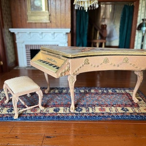 Dollhouse Miniatures ~ Florence Magee 1998 Painted Grand Piano & Bench with Cherubs