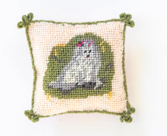 Dollhouse Miniature Needlepoint Pillow with Dog Ursula Sauerberg Estate