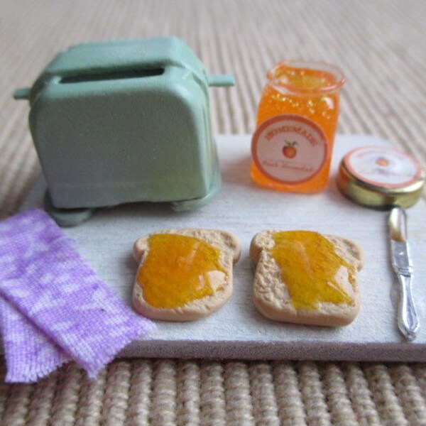 Peach Jam w/ Toast & Toaster on Aged Wooden Cutting Board, Kitchen - Dollhouse Miniatures