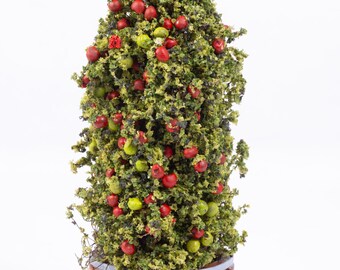 Puppenhaus-Miniatur ~ Große Tomatenpflanze im halben Holzfass