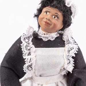Dollhouse Miniature ~ Patsy Thomas Lady Victorian Maid Doll in Black Dress and White Lace Apron & Bonnet Porcelain Artisan Made