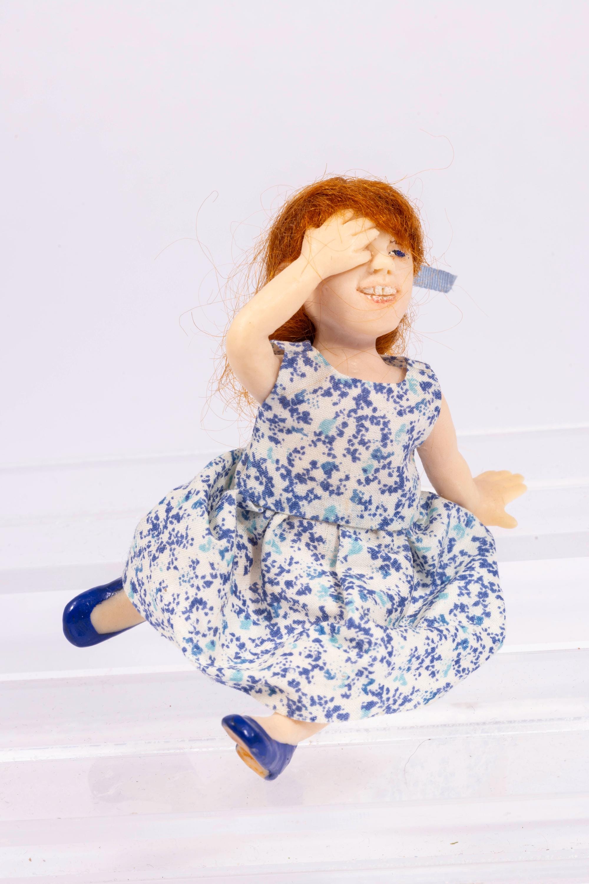 Dollhouse Miniature Catherine Muniere Little Girl Doll in Blue White Dress