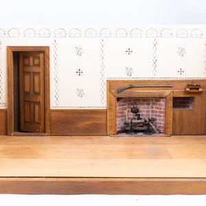 Dollhouse Miniatures ~ Empty Roombox with Built In Fireplace Colonial with Partial Stencil by Pam Friend