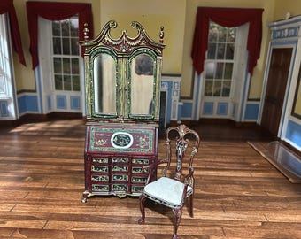 Dollhouse Miniature ~ Bespaq Discontinued Retired Secretary Desk Cabinet & Chair Painted Mahogany with Missing Finnial Office Chinoiserie