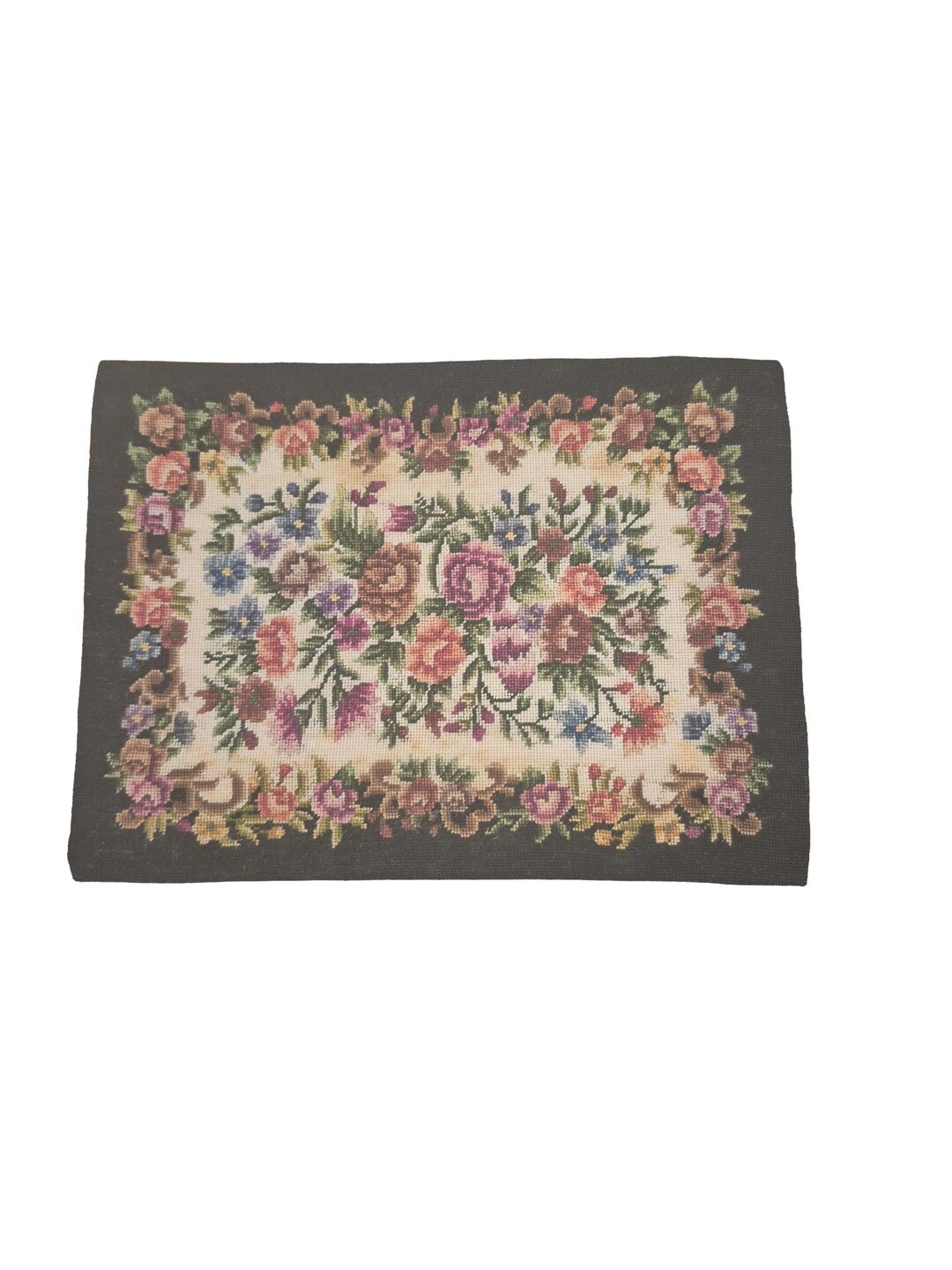 Hand Crafted Miniature Rugs Dollhouse Miniature ~ Handmade Black Needlepoint Floral Rug Aubusson ...