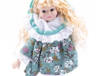 Dollhouse Miniature ~ Porcelain Little Girl Doll with Blonde Curly Hair