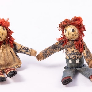 Dollhouse Miniature ~ Vintage Raggedy Ann & Andy Pair of Small Dolls Toys Nursery