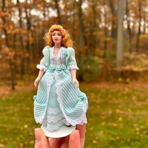 Dollhouse Miniatures ~ Debra Hammond Victorian Little Girl in Turquoise Striped Dress