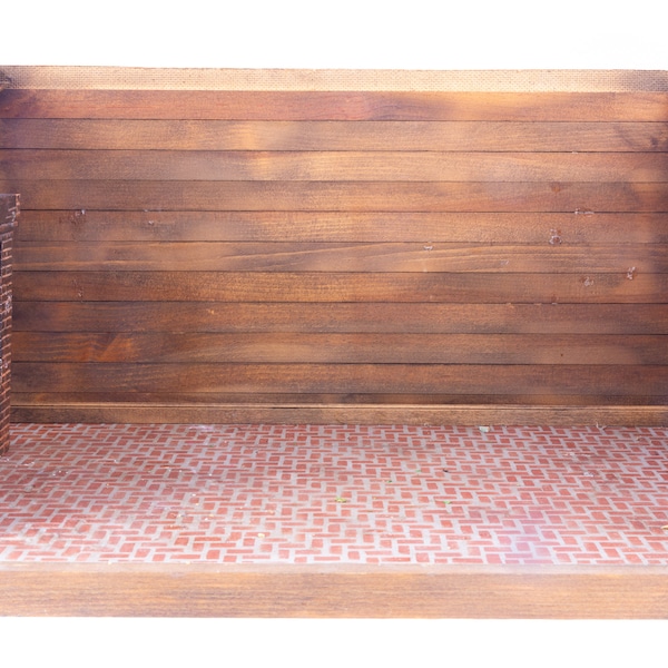 Dollhouse Miniatures ~ Empty Colonial Roombox with Brick Floor, Brick Fireplace & Wooden Walls, Pam Friend