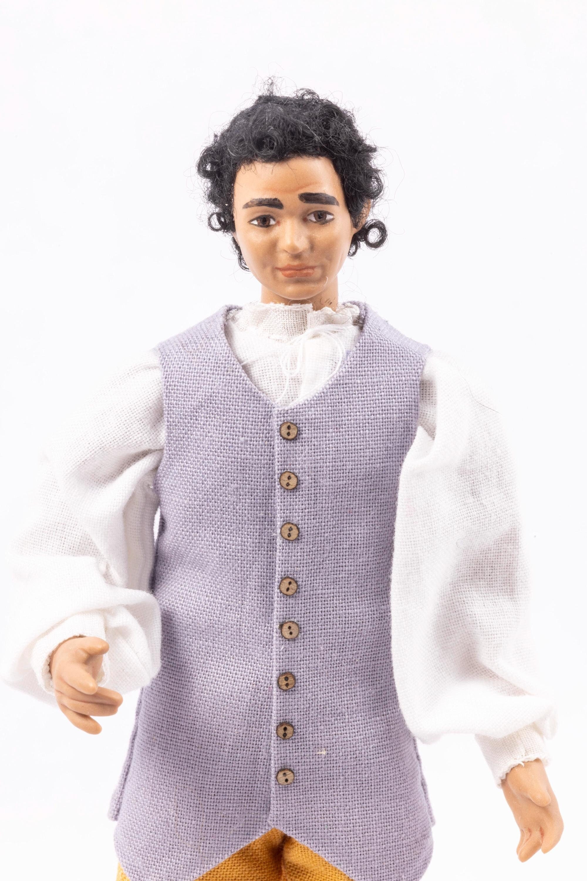 Dollhouse Miniature ~ Colonial Porcelain Gentleman Doll in Slate Blue Gray Vest and Mustard Yellow Trousers Artisan Made Debra Hammond
