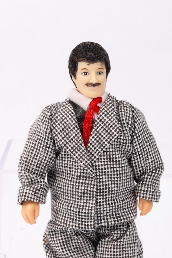 Dollhouse Miniature ~ Mid Century Modern Gentleman Doll in Black & White Checkered Suit and Red Tie