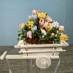 Puppenhaus Miniatur ~ Vintage David Krupick Handgemachter Blumenwagen aus Holz