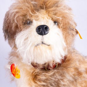 May include: A soft toy dog with brown and cream fur. The dog has a black nose, a red collar, and a tag. The toy is designed to look like a real dog, with detailed features and a soft texture.