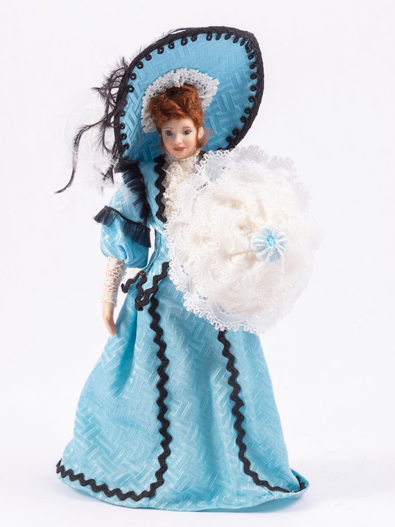 Dollhouse Miniature ~ Porcelain Woman Doll in 1900's Blue Dress