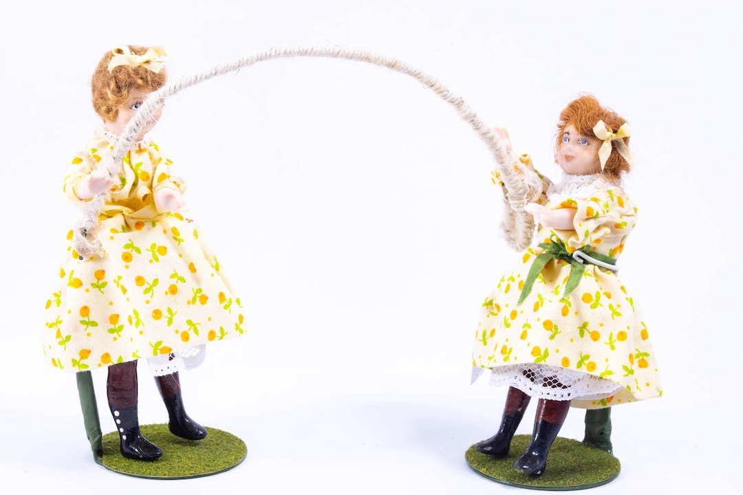Dollhouse Miniature ~twin Little Girl Dolls in Yellow Floral Dresses ...
