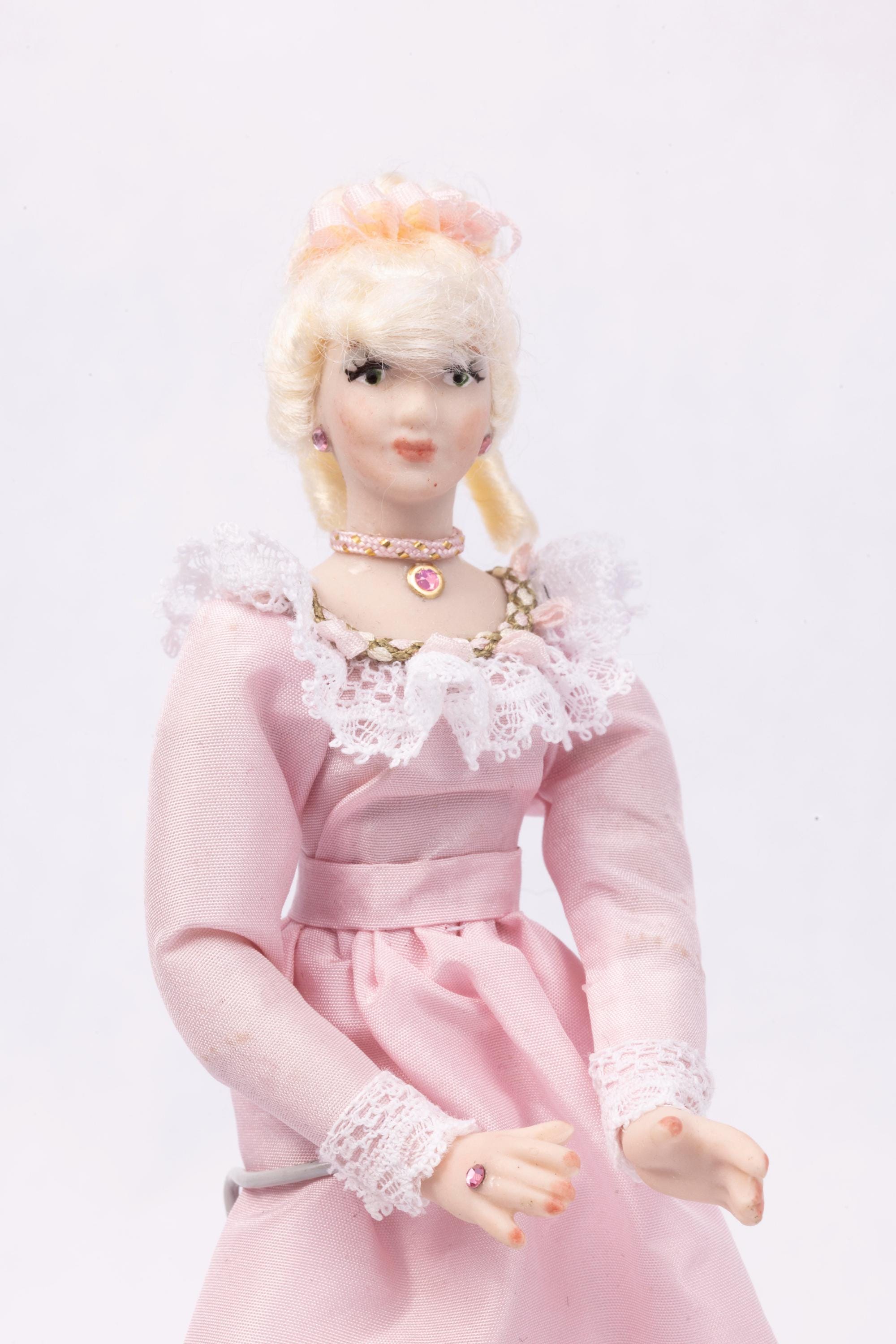 Dollhouse Miniature ~ Patsy Thomas Young Blonde Lady Doll in Victorian Pink Dress with White Lace Collar Porcelain Artisan Made