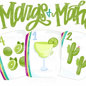 Peut inclure: Illustration fantaisiste de trois cartes à jouer sur le thème de la margarita. Les cartes présentent un verre à margarita, des citrons verts et des cactus. Le texte "Margs + Mahi" est écrit en vert au-dessus des cartes.