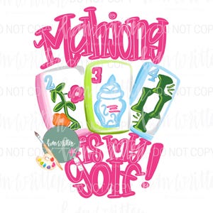 以下が含まれることがあります： 鮮やかなピンク色の「Mahjong is my Golf！」というテキストと、ピンク、緑、青の様式化された麻雀牌が特徴のグラフィックデザイン。筆とパレットも含まれています。