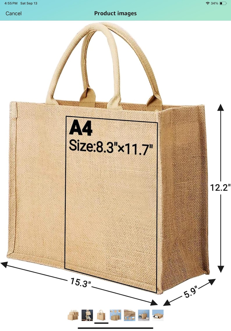 May include: A beige burlap tote bag with a rectangular shape and two handles. The bag has the text "A4 Size: 8.3" x 11.7"" on the front. The bag measures 38.9 cm wide, 15 cm deep, and 31 cm high.