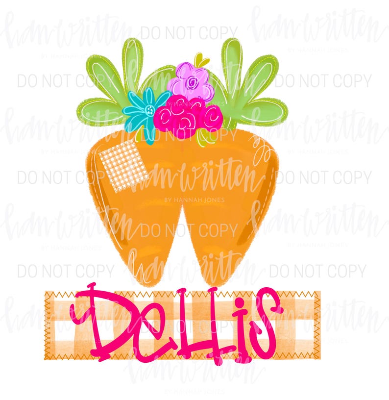 Puede incluir: Un dise&ntilde;o en forma de zanahoria naranja con hojas verdes y flores coloridas. El dise&ntilde;o incluye un parche de cuadros y el nombre "Dellis" en rosa. El texto "DO NOT COPY" se repite alrededor de la imagen.