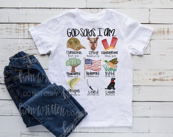 Dio dice che sono un design per ragazzi / Dio dice che sono del sud / Dio dice che sono un design per esterni / Design per magliette carine per ragazzi / Maglietta cristiana per bambini