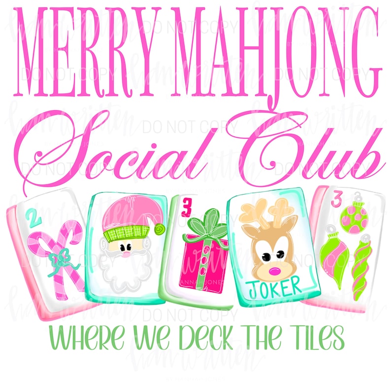 K&ouml;nnte beinhalten: Ein festliches Design mit dem Text "MERRY MAHJONG Social Club" in Pink. Darunter zeigen f&uuml;nf Mahjong-Steine Illustrationen mit Urlaubs-Themen wie Santa, ein Geschenk und ein Rentier. Der Satz "WHERE WE DECK THE TILES" steht unten.