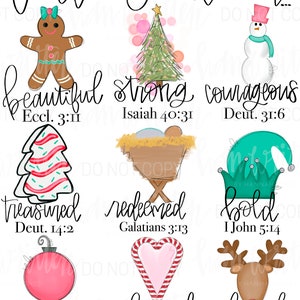 May include: A digital printable with a Christmas theme featuring illustrations of a gingerbread person, a Christmas tree, a snowman, a manger, a candy cane, a reindeer, and an ornament. Each illustration is paired with a Bible verse and a word describing a person's identity in God. The words are: beautiful, strong, courageous, treasured, redeemed, bold, unique, loved, and loyal.
