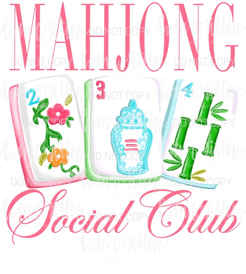 Może przedstawiać: Grafika przedstawiająca trzy kafelki do gry w Mahjonga z numerami 2, 3 i 4. Kafelki zdobione są wzorami kwiatowymi i bambusowymi. Słowa "MAHJONG" i "Social Club" są napisane r&oacute;żowym kolorem.