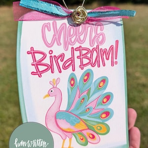 May include: A rectangular, hand-painted wooden sign with a peacock illustration and the words "Cheers Bird Bam!" in pink. The sign has a teal border, a gold wire hanger, and a pink and teal ribbon.