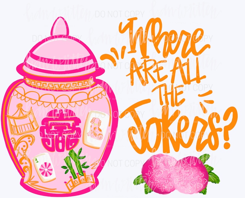 May include: Pink and orange graphic design featuring a decorative jar with Mahjong tiles and the text "Where Are All The Jokers?" Two pink flowers with green leaves are at the bottom.