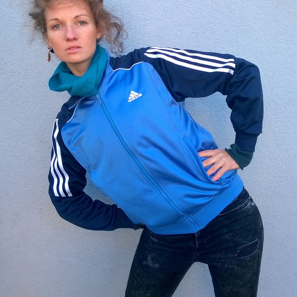 Blue ADIDAS workout jacket, neon tracksuit, bomber jacket, outdoor windbreaker, running jacket, S/M