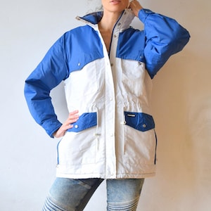 伝説の白い冬用ジャケット、フレンチスノージャケット、オーバーサイズジャケット、90年代のヴィンテージスキーコート、カラーブロックジャケット、スノーボードジャケット、S/M
