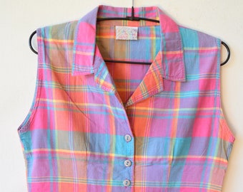 Pink vintage sleeveless summer blouse, women tank top, 80s women blouse, Festival wear, Colorful women shirt, Vintage tank top, S (GP146)