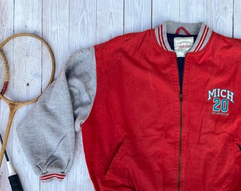 Red 90s student bomber jacket - Men's university sport baseball jacket - Athletic denim outerwear - Men's medium size