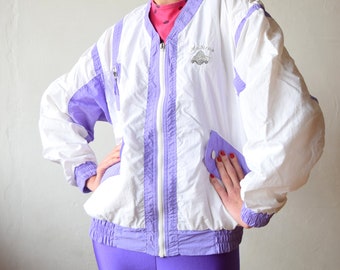 Vintage windbreaker, White bomber jacket, Spring outerwear, Color block workout jacket, Women outdoor jacket, Colorful 80s jacket, XS/S