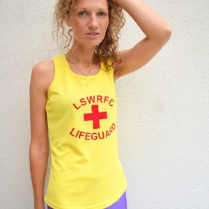 Lifeguard beach shirt, Baywatch tank top, sleeveless shirt, yellow shirt,  short sleeve shirt, mens thank top, vintage lifeguard, S/M (GP86)