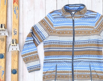 Vintage fleece jacket - Blue patterned oldschool ski jumper - Cozy winter sweater - Women's medium size