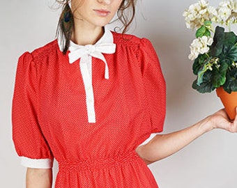 80s Vintage Red Polka Dot Midi Dress - Size L
