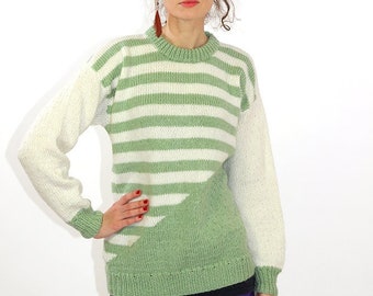 Handmade Vintage Wool Striped Sweater - Sage Green 90s Pullover (M)