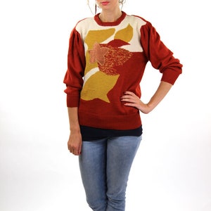 Terra cotta vintage Pullover, Orangener 80er Pullover, Wollpullover, Blumiger Pullover, 90er Damentop, Weihnachtspullover, Gr. M, 38