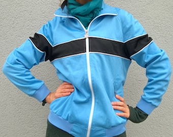 Blue vintage workout jacket, neon tracksuite, unisex activewear, outdoor sportswear, S/M
