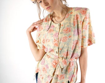 Floral blouse, vintage summer blouse, pastel top, boho, pink women top, yellow, rose shirt, size 40, L