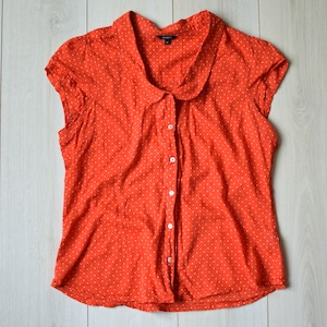 Red polka dot vintage blouse, Short sleeved 90s romantic summer top, Women&#39;s retro shirt - Women&#39;s MEDIUM size