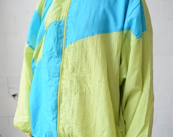 Neon Green & Blue Vintage Windbreaker: 90s Track Jacket (M/S)