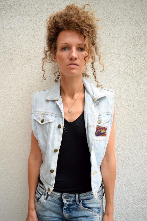 Light blue denim vest, Vintage denim waistcoat, s… - image 1