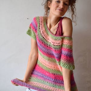 Pink summer shirt, Crochet top, vintage handmade top, stripped, colorful blouse, festival wear, boho, short sleeved, M (GP147)