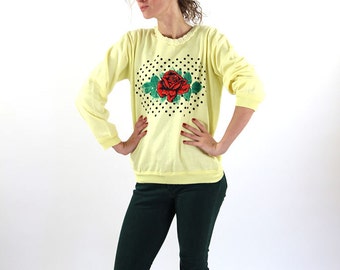 Yellow pullover, rose top, vintage  sweatshirt, women sweater, rock star, hipster sweatshirt, 80s top, size Medium, 38, women jumper,