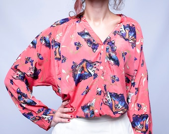 Summer blouse, pink long sleeve blouse, butterfly, spring fashion, L, 40,